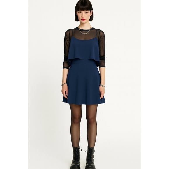 Alice  + Olivia Dress Kipp Navy Strappy Ruffle A-line Skater Preppy Party Mini - Picture 2 of 13
